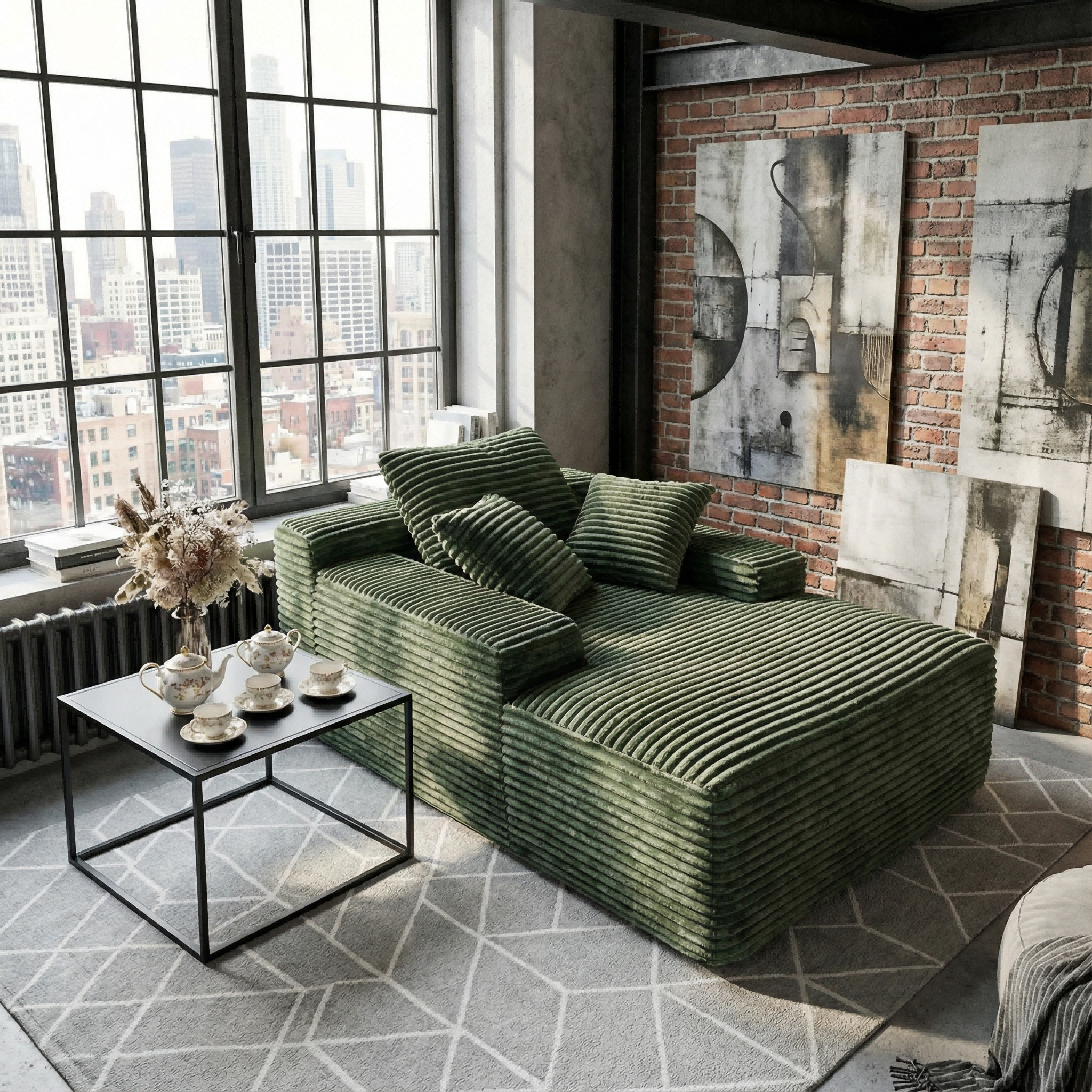 Vacuum compression sofa bed modern simple striped fabric sofa single and double seat lazy sofa living room retro green